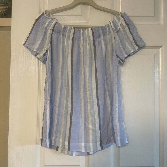 Cloth And Stone Off The Shoulder Top Size Medium Blue And White Short Sleeve - Picture 3 of 13
